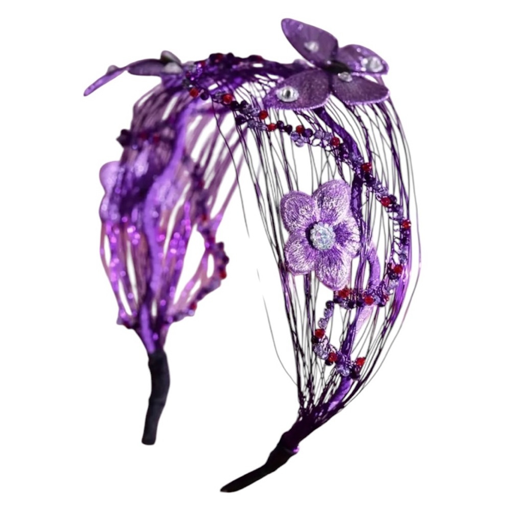 Purple Handmade Headband with Rhinestone Butterfly Accents